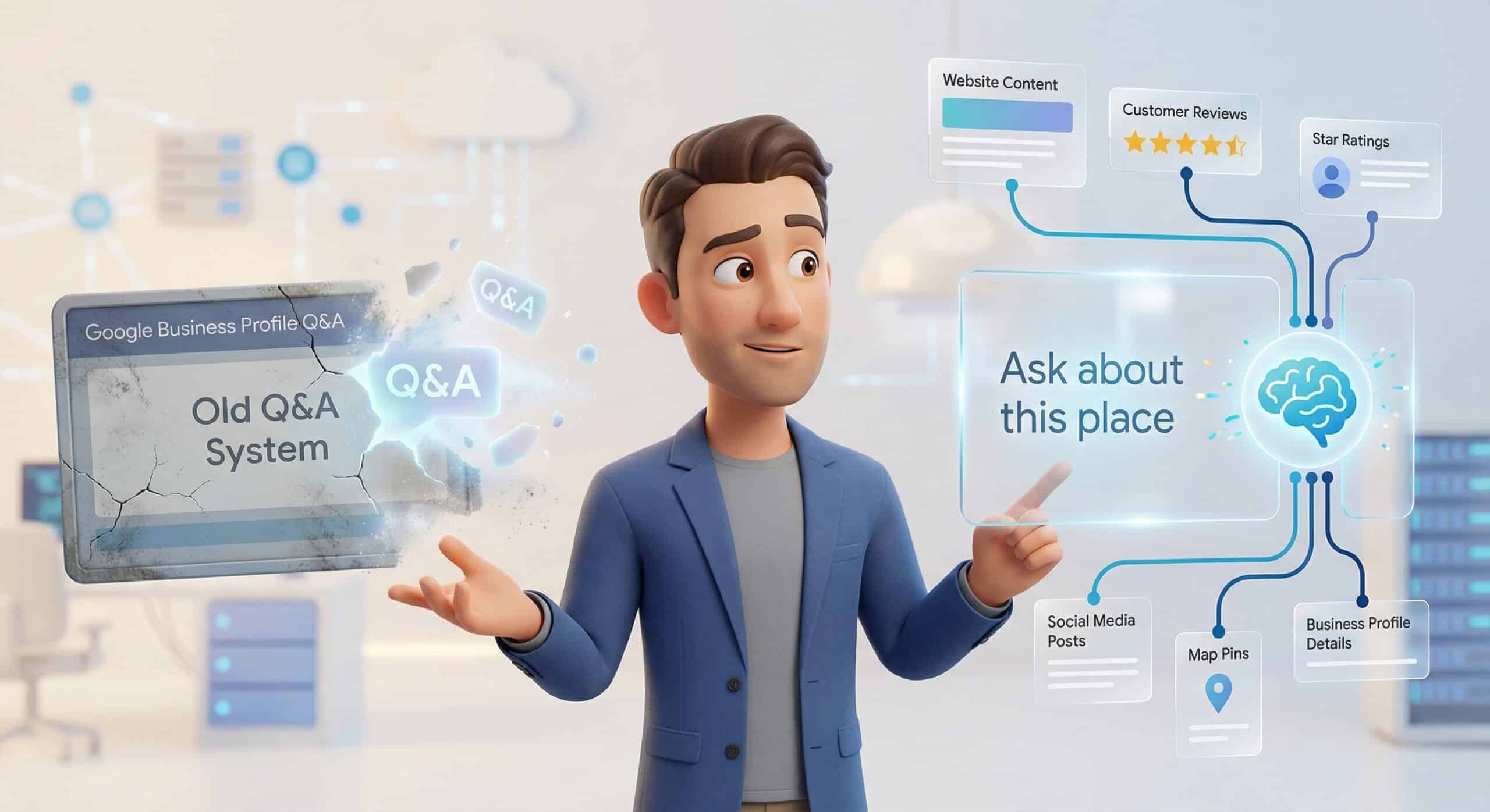 Concerned business owner looking at empty Q&A board while AI robot demonstrates Google Maps Ask about this place feature with local business listings